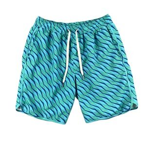 Fair Harbor Swim Trunks Men S Blue Green Geometric Drawstring Lined Board Shorts